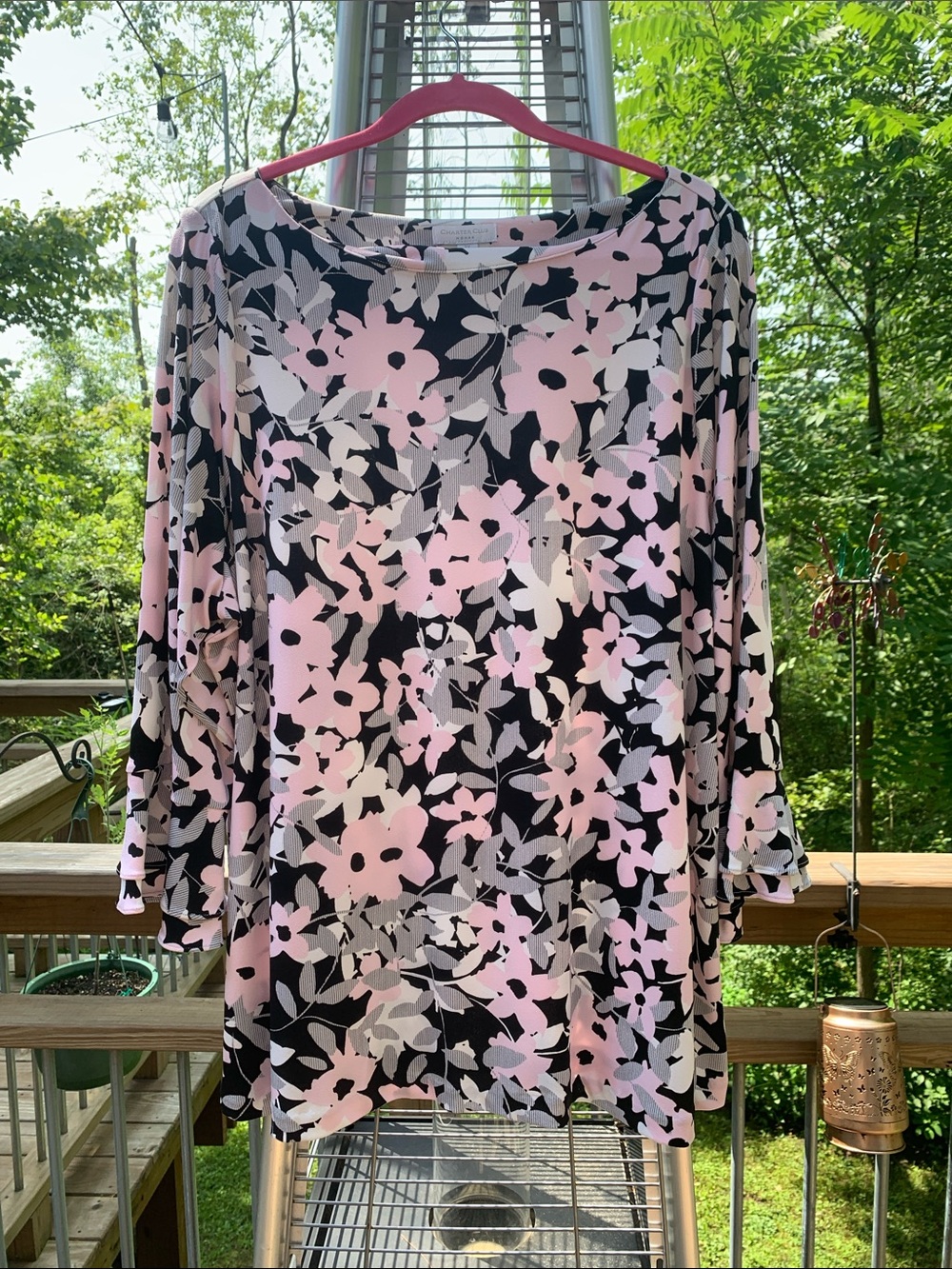 Charter Club Black Blouse with Pink Floral Print
